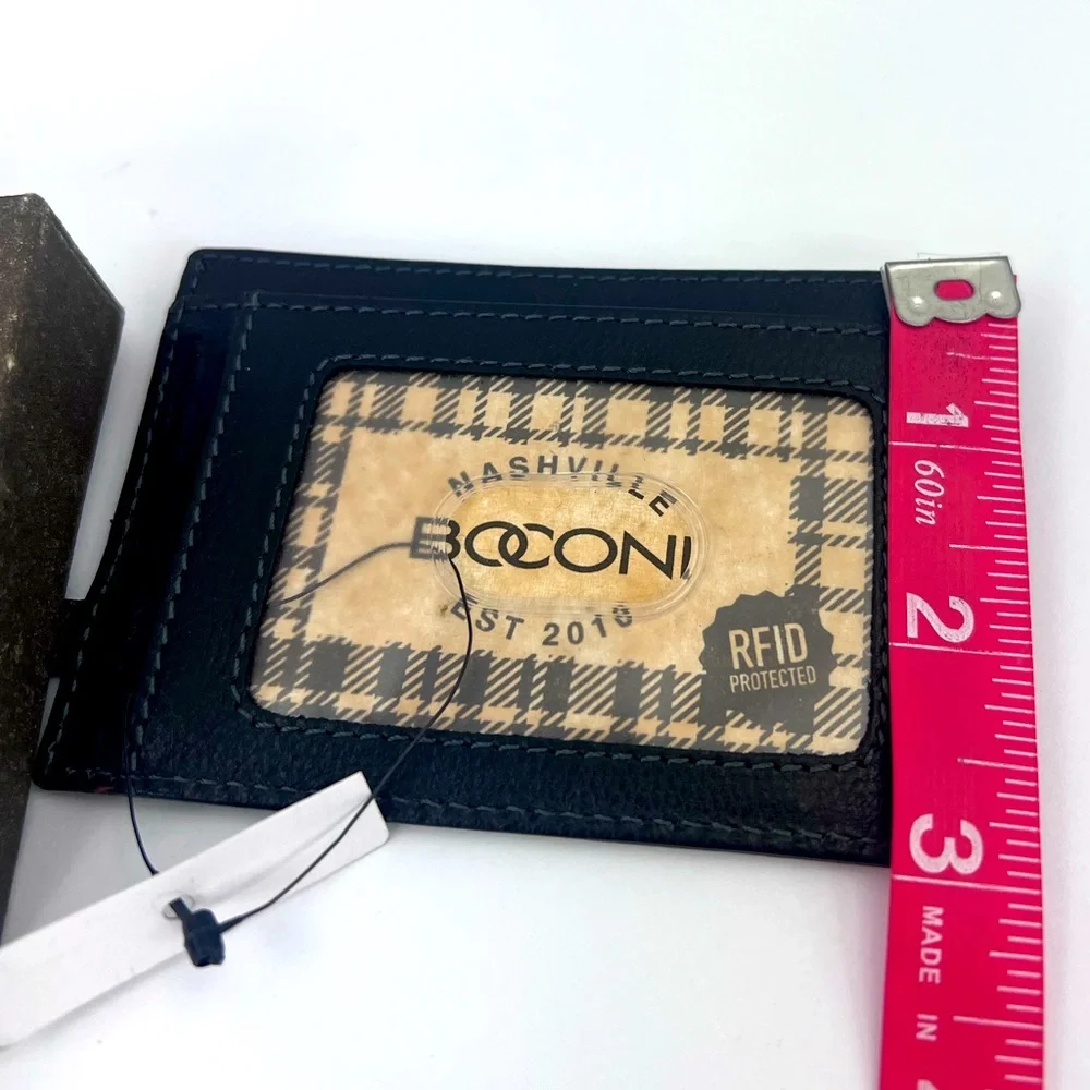 BOCONI PEBBLED LEATHER ID CARD CASE, RFID WALLET W/KEY RING LOOP. 3x4 INCHES BLK